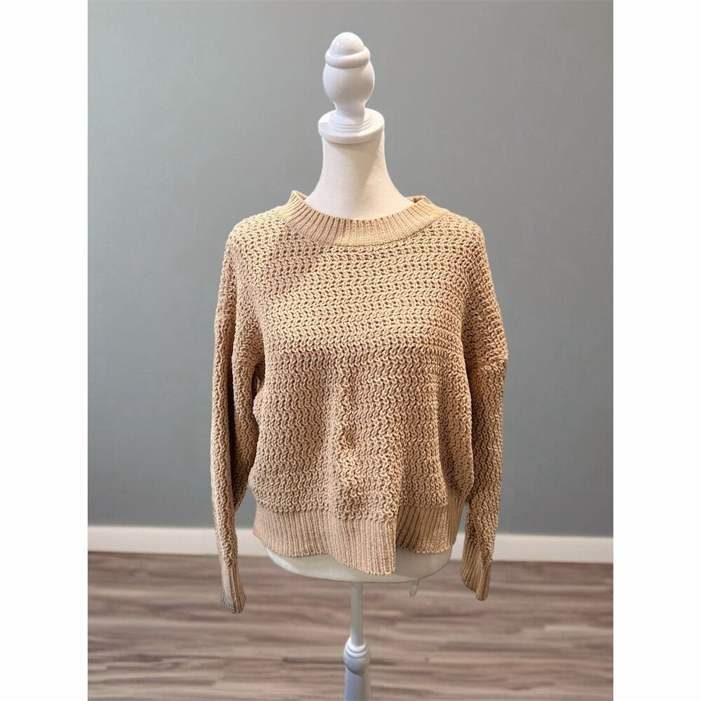 Poof Apparel Women's Beige Open Knit Crew Neck Sweater Size S